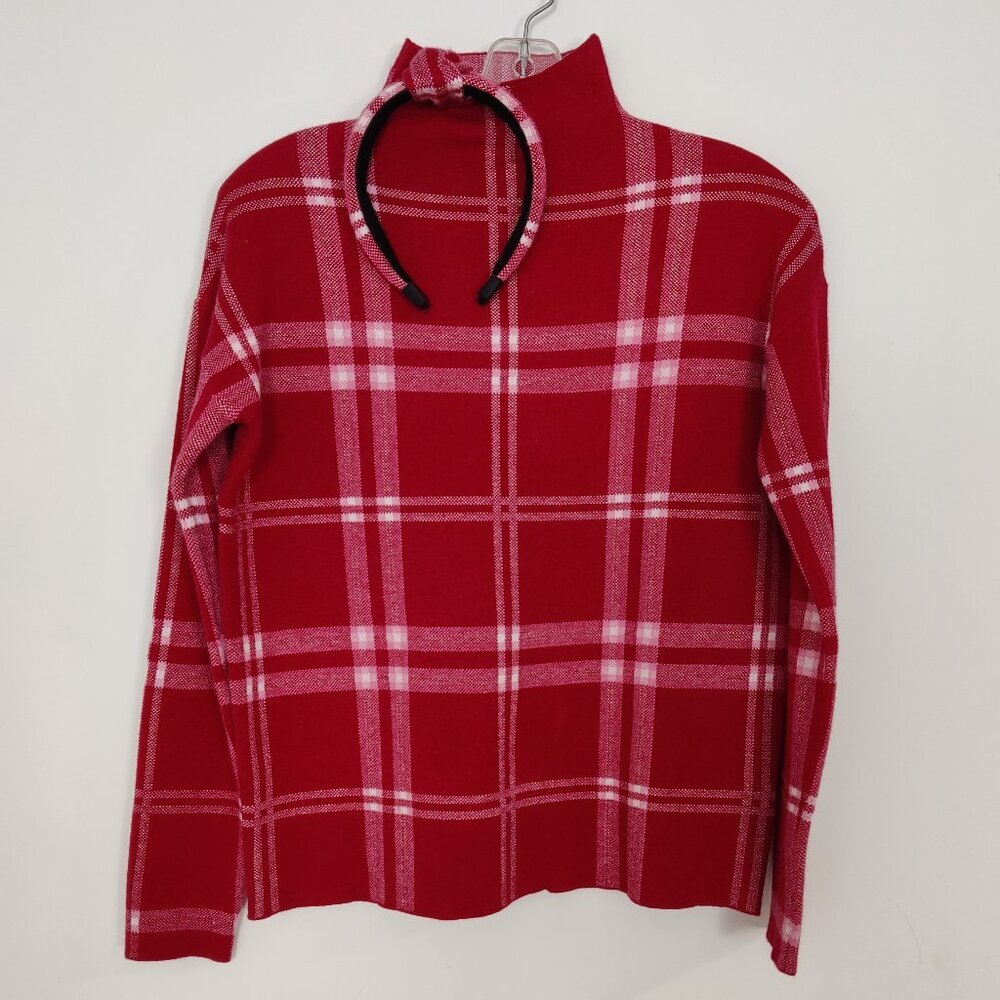 Nicole Miller Women's Sweater Size XS With Headband Red Plaid Rayon Stretch Cozy